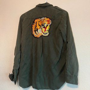 Zara Women 5/S Green Tiger Embroidered Long Sleeve